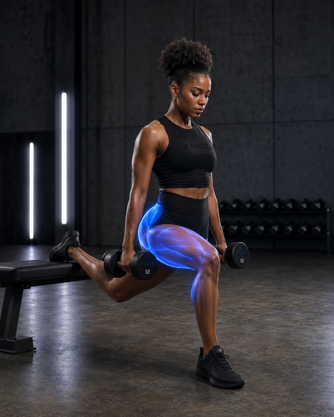 Athlete performing a Bulgarian split squat with glowing leg muscle overlay