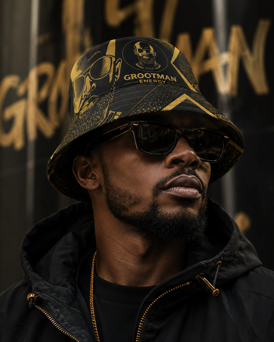 Man wearing a black and gold Grootman Energy bucket hat against a graffiti wall