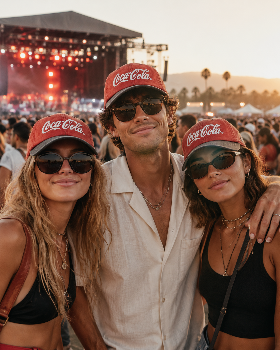 Three friends wearing red Coca-Cola caps at a sunset music festival