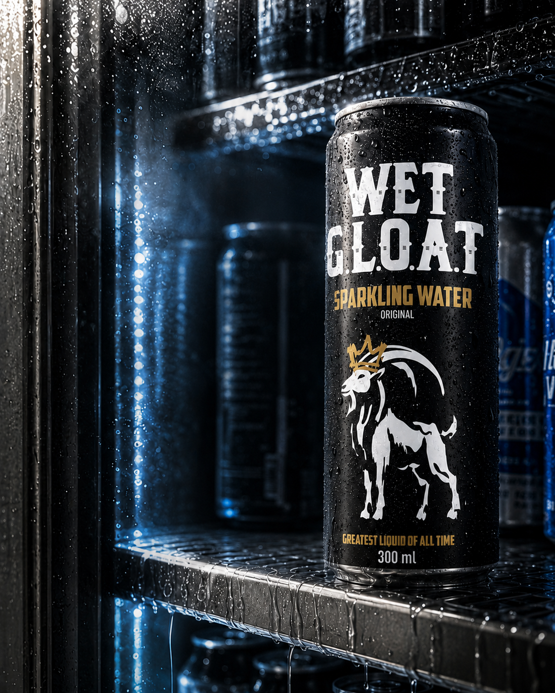 Cold fridge product shot of a WET G.L.O.A.T sparkling water can