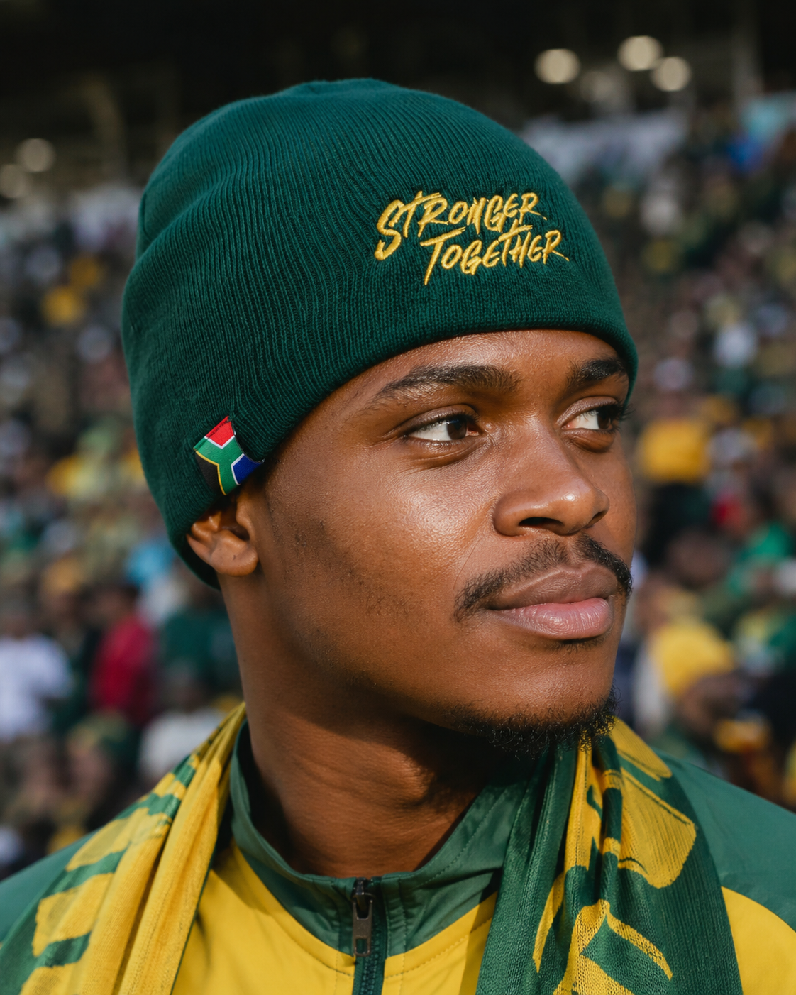 Portrait of a man wearing a green beanie with South African flag detail