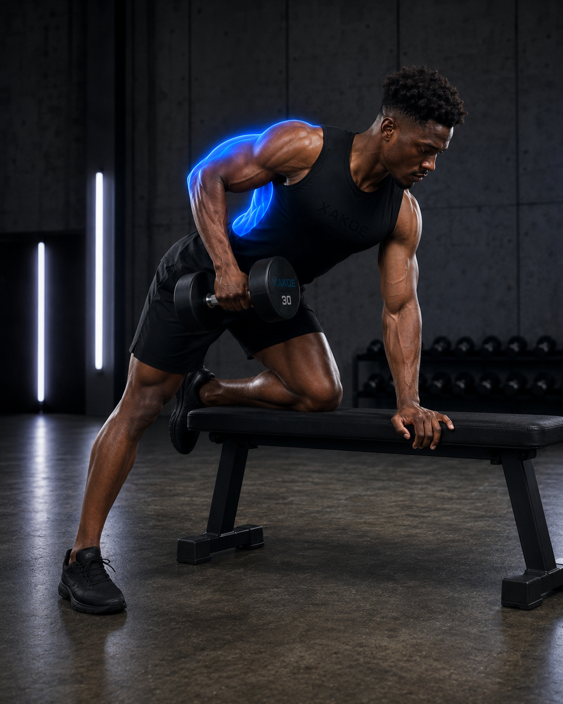 Athlete performing a single-arm dumbbell row with glowing muscle overlay