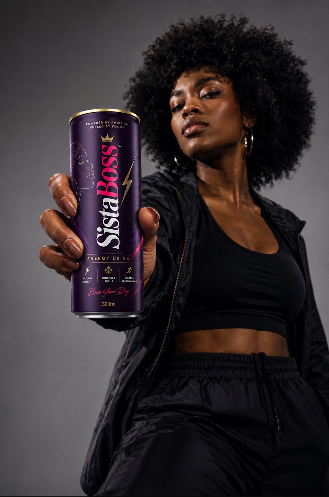 Athletic model holding a SistaBoss energy drink can
