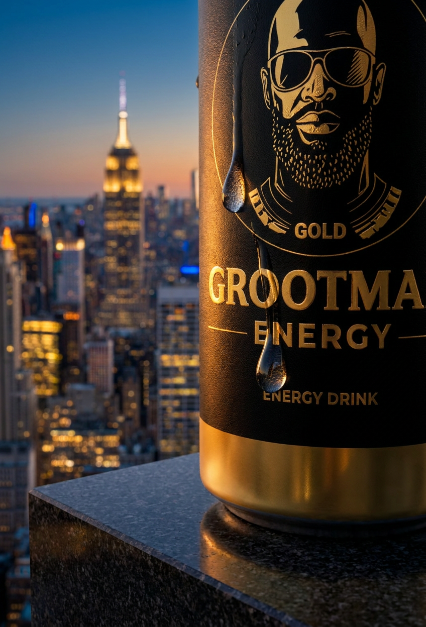 Close-up product render of a Grootman Energy can against a city skyline